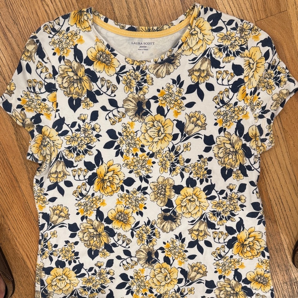 Laura Scott Yellow and Blue Floral Cotton Top Petite Large - Picture 3 of 7